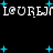Pixelated text 'LOUREN' repeated twice on black background with scattered cyan star shapes, animated to shift position.
