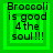 Green square icon with black text reading "Broccoli is good 4 the soul!!!" in pixelated font, displayed as four identical arranged in a