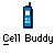 Pixelated blue mobile phone icon with antenna above white screen and keypad, positioned above stylized text reading "Cell Buddy" on gray background.