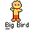 Pixelated Big Bird character in four states: standing with arms outstretched, arms crossed, disintegrating into particles, and a close-up head view.
