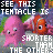 Pixelated image of a pink octopus and orange fish with overlaid text about tentacle length, showing two states where the octopus's tentacles appear shorter in one state.