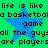 Green background with blue stars and repeated pixelated text reading 'life is like a basketball game all the guys are players' in black font.
