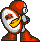 Pixel art character with red and white armor, green eyes, yellow scarf, and red boots in multiple poses against gray background.