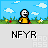 Pixelated character in yellow shirt stands on grassy field with blue sky and clouds, holding flowers while text below reads NFYR.