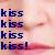 Static 50x50 pixel buddy icon featuring repeated 'kiss' text in dark blue with purple highlights on a soft pink and peach gradient background.