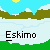 Pixel art animation of a character in a brown hooded coat against a snowy mountain landscape with blue sky and yellow suns, repeating 'Eskimo' text below.