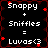 Black background with red decorative border, white text reading "Snappy + Sniffles = Luvas<3" in four identical quadrants arranged in a