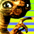 Pixelated image of a brown alien with large eyes and black pupils, wearing a yellow striped shirt against a green background.