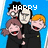 Pixelated cartoon of three characters in black robes against blue background with changing text above them.