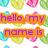 Pixelated text on orange rectangles over a heart-patterned background with cyan, pink, yellow, and green hearts.