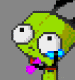 Pixelated green cartoon character with large white eyes and black pupils, holding pink and blue objects against a gray background.