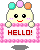 Pixelated character with three colored dots on head holds pink checkered sign with red text 'HELLO!' against gray background.