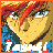 Pixelated anime-style character with red hair and blue eyes, wearing a dark top against a blue background with orange border.