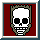 Pixelated skull avatar with changing eye colors and symbols on a red background, framed by a gray border.