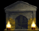 Stone archway with triangular pediment and four burning torches, flames flickering in sequential animation frames.