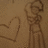 Pixelated brown sketch of a figure holding an object with heart symbol, red text on black and gray backgrounds.