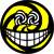 Pixelated circular icon with black border, yellow curved accents, and white grid teeth; central spiral eyes on gray background.
