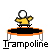 Pixelated character in yellow shirt and white head on black-and-orange trampoline with 'Trampoline' text below.