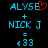 Pixelated text displays 'ALYSE' with a red heart replacing the final letter, plus 'NICK J', an equals sign, and '33' on black background.