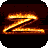 Animated contact sheet of 17 frames showing a fiery 'Z' icon with glowing orange-yellow flames on dark brown background, arranged in 5x4 grid with white star spacers between frames and gray transparency background.