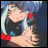 A 48x48 pixel buddy icon featuring a split composition with an anime-style character on the left and text elements on the right, rendered in low-resolution pixel art style.