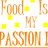 Pixelated orange text reads "Food Is My Passion" with scattered yellow squares on a white background.
