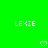 Green background with two white pixelated 'LEXIE' text blocks and two heart symbols below them.