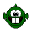 Green pixelated character with large white eyes, black pupils, and wide open mouth showing two prominent teeth against gray background.