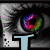 A pixelated image with a grayscale eye graphic, light blue 'T' symbol, red heart shape, and pink text reading 'kelly'.