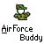 Pixelated character in green and brown camouflage uniform with matching cap, white face, and outstretched arms, below text reading 'Air Force Buddy' on gray background.