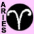 Static pixelated icon featuring a black circular background with white Aries zodiac symbol and vertical text "ARIES" on pink background.