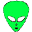 Three pixelated alien head icons in green, light blue, and purple arranged in a on a gray background