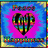 Animated icon with a heart-shaped 'Peace Love' text in rainbow colors on a blue-purple gradient background, transitioning to a white background with 'Peace Love' text in yellow and pink.