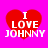 Four identical red heart-shaped icons with white text "I LOVE JOHNNY" on a bright pink background, arranged in a