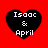 Four black heart-shaped icons with white text "Isaac & April" on a red background, arranged in a