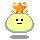 Pixelated yellow character with green outline, orange star on head, and Japanese text beside it; two expressions shown: neutral face and closed eyes with hands.