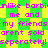 Pixelated text repeats across a green and yellow checkered background with star shapes, using bright pink and purple hues for the text.