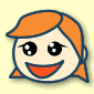 Two side-by-side cartoon-style head icons with orange hair, blue outlines, and red smiles; left icon has open eyes with white highlights, right icon has closed eyes with black slits.