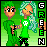 Two pixel-art characters in green outfits with light blue hair stand side-by-side against a gradient background, one holding a small object.