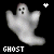 Six animated frames of a white ghost icon with black eyes and mouth, each labeled "GHOST" in pixelated text below, arranged in a 3x2 contact sheet on a black background with small white/orange puzzle-piece symbols above or beside the ghosts.