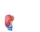 Pixelated character with pink hair and blue outfit in multiple poses with speech bubbles containing text like 'Mail', 'To', and 'To Me' against gray background.