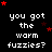 Black background with white pixelated text reading "you got the warm fuzzies?" repeated in a , surrounded by red and dark red stars