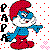 A 50x50 pixel animated contact sheet showing two frames of a Smurf character with red hat and pants, blue shirt, white face, and black eyes, against a dotted background with large text letters.