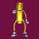 A golden cylindrical character with blue eyes and a smiling mouth performs various poses on a solid purple background.