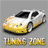 A contact sheet of five animated frames showing a white and yellow sports car with flame decals in various poses, each labeled "TUNING ZONE" below it on a gray background.