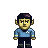 Pixelated character with pointed ears, dark hair, and a purple hair accessory wearing a blue uniform shirt with white stripes on sleeves and a star emblem.