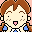 Pixel art contact sheet showing two frames of a cartoon character with brown hair and blue clothing against pink and light blue backgrounds.