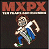 Pixelated image with 'MXPX' text above a figure in white shirt and blue pants holding green object against dark background.
