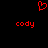 Red pixelated heart symbol above two instances of the text 'cody' on a black background.