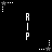 Black background with white pixelated text 'RIP' and star-shaped icons in various positions, some stars have dotted trails.